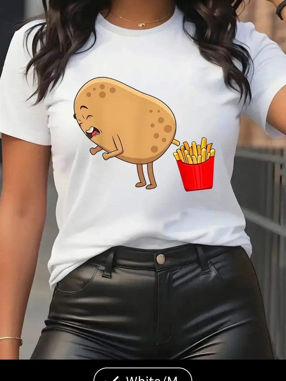Women’s White Short Sleeve Graphic Tee with Potato & Fries